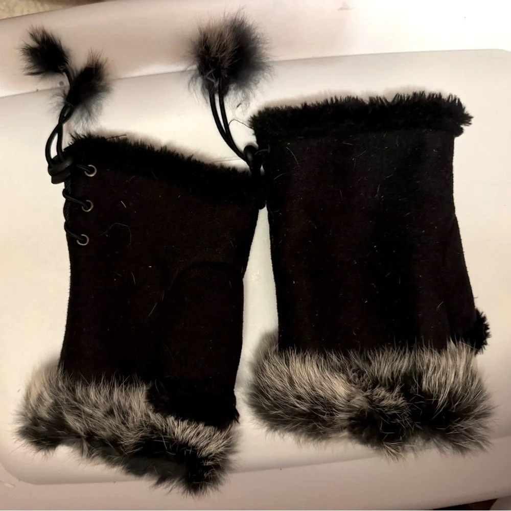 Vintage Shearling Suede Fingerless Gloves Rabbit Fur Trim Black Ivory Mittens